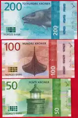  Norvegija 3 b.r.: 50, 100, 200 kroner 2016-17 UNC 